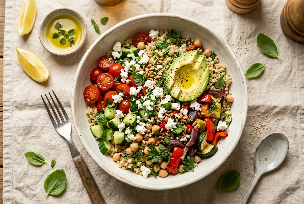 Fresh Mediterranean quinoa bowl with avocado, chickpeas, tomatoes, and herbs